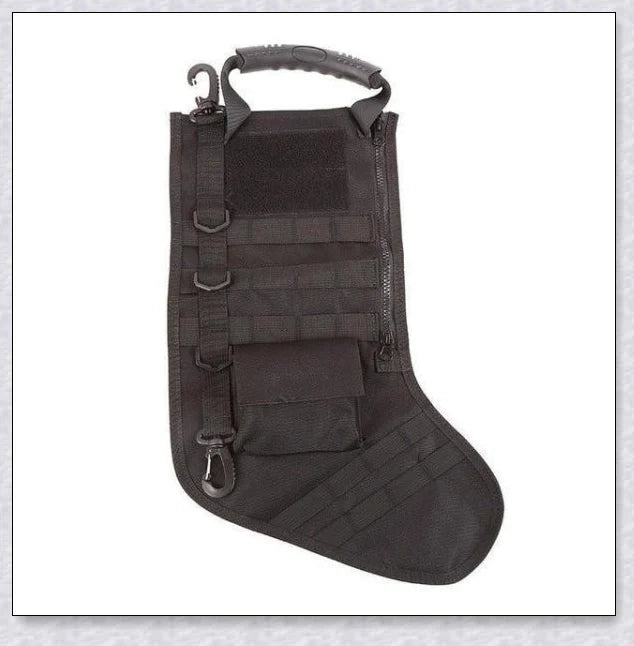 Elite Tactical Christmas Stocking with vertical zipper, carry handle, and customisable storage pouch, perfect for outdoor and tactical gear enthusiasts in the UK