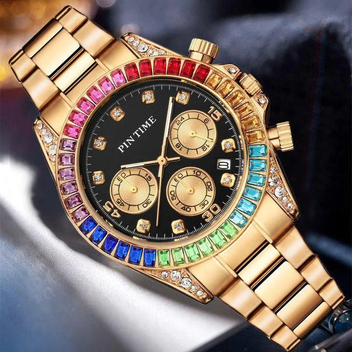 Exquisite Steel Band Watch in rose gold with colored shell, featuring a sleek stainless steel case, genuine leather strap, and reliable quartz movement.