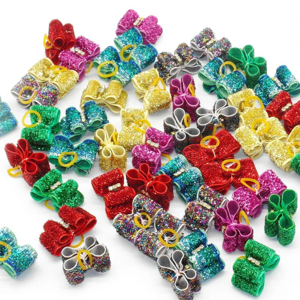 Glittery hair bows for dogs in various quantities, made with premium nylon for long-lasting durability and a sparkling finish.