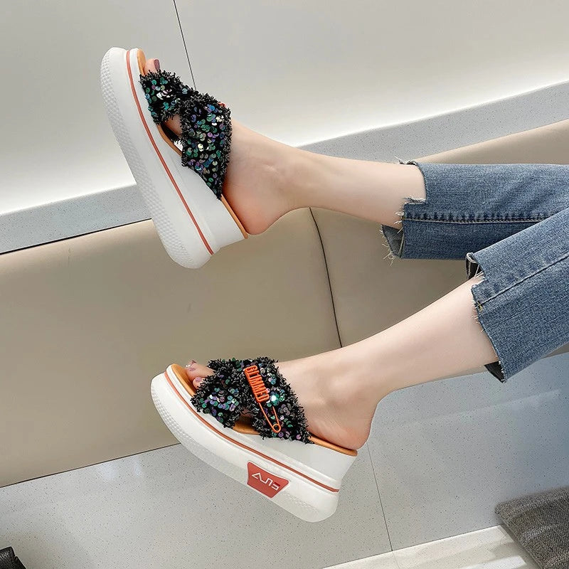 Premium black sequin sponge cake wedge sandals with a fashionable fish-mouth toe design and thick, supportive rubber sole