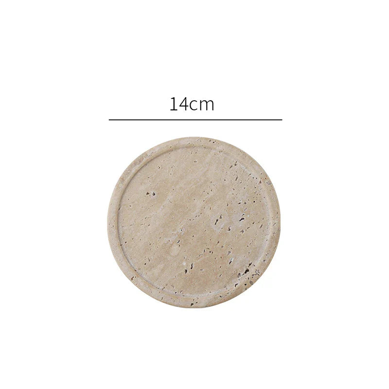 Handcrafted beige travertine marble tray with polished finish, versatile for use in vanity, kitchen, and around the home