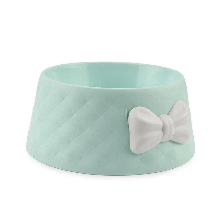 Stylish bowknot feeding bowl for pets, available in blue, grey, and pink colours
