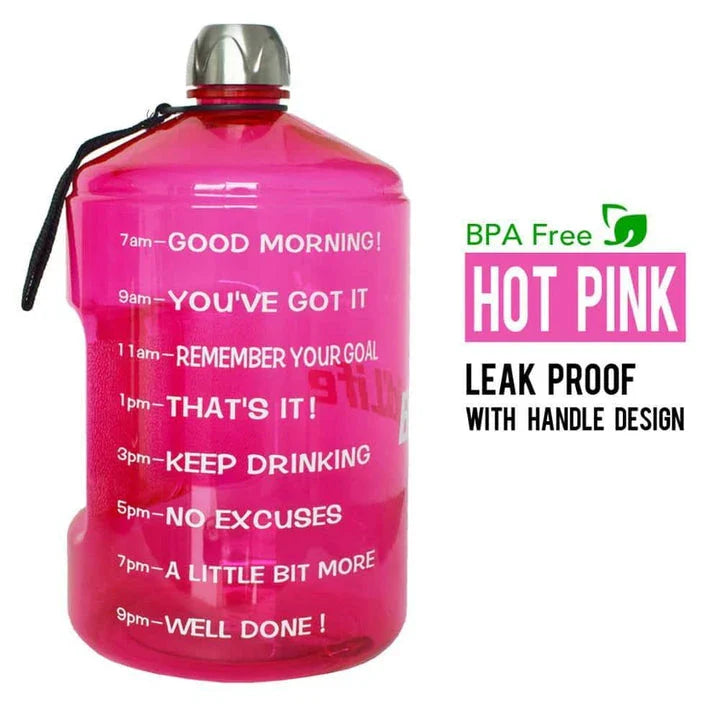 Premium customized gallon water bottle with time tracker markings, available in multiple vibrant colours
