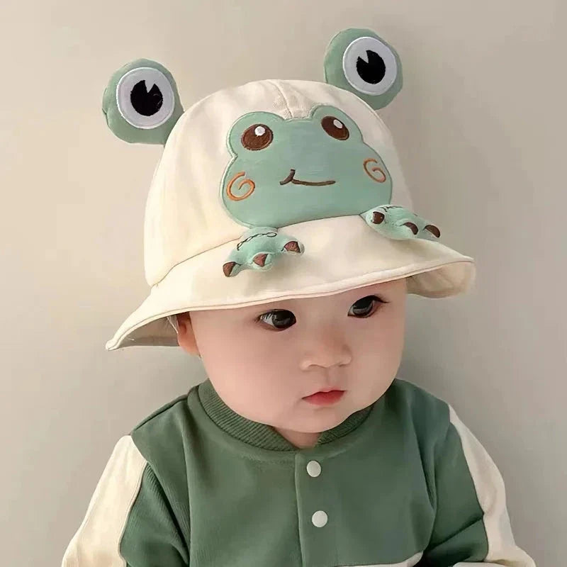 Charming frog-themed baby sun hat made from soft, breathable cotton with UPF 50+ sun protection