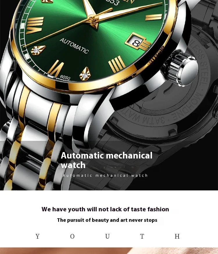 Premium automatic mechanical watch with leather strap, featuring a stainless steel case, luminous hands and markers, and a stylish British-inspired design