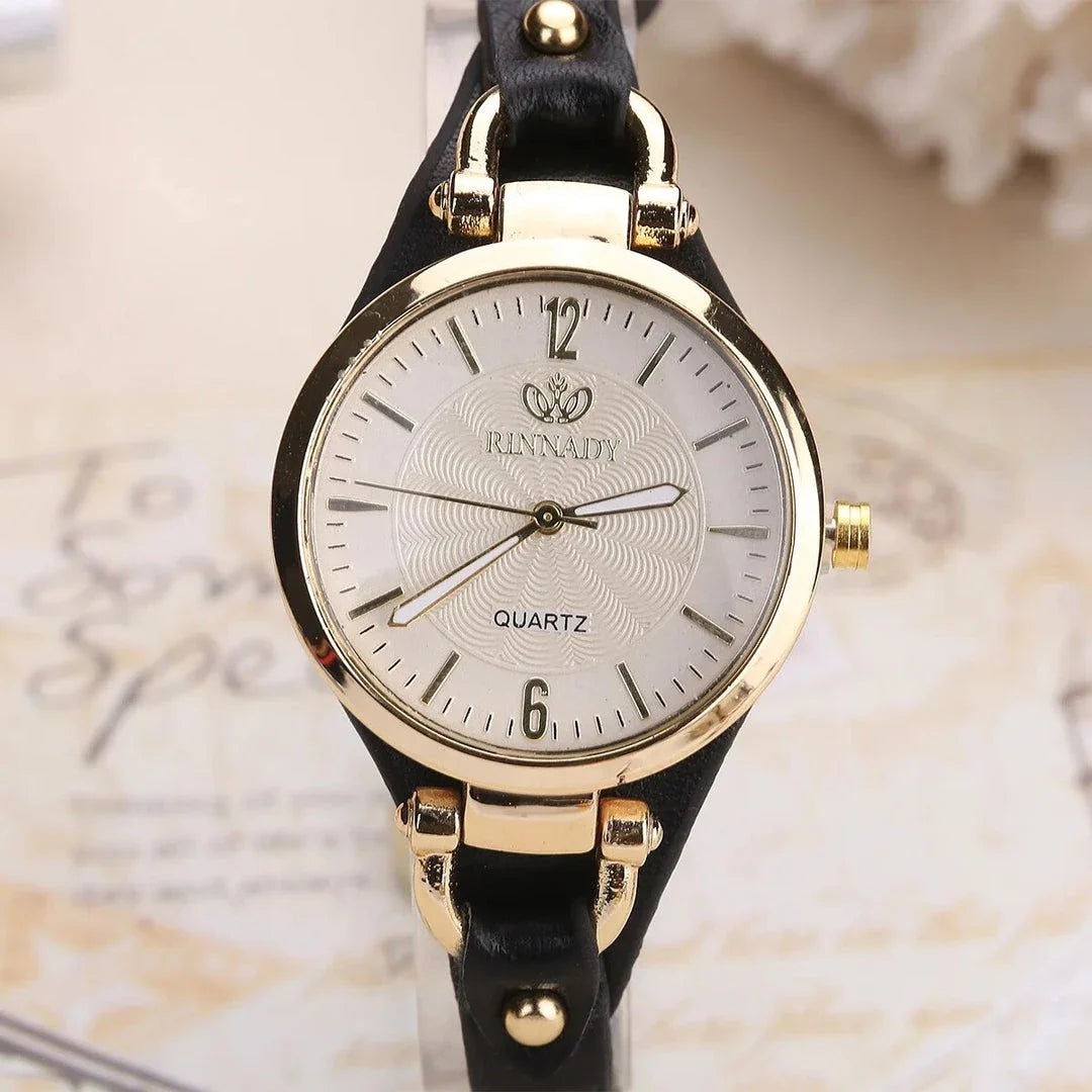 Elegant leather strap quartz watch with a sleek alloy case and durable glass dial for everyday elegance
