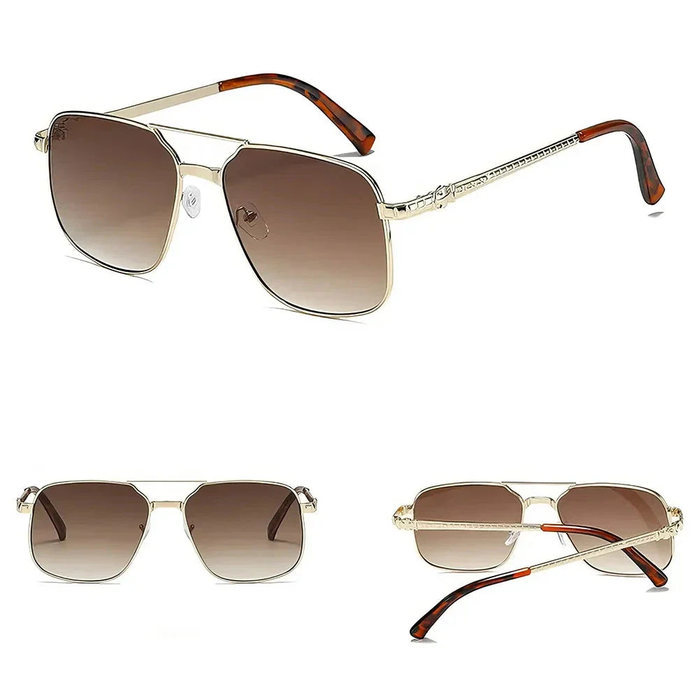Trendy metal square frame sunglasses with vibrant yellow lenses and red gradient for a bold, modern look