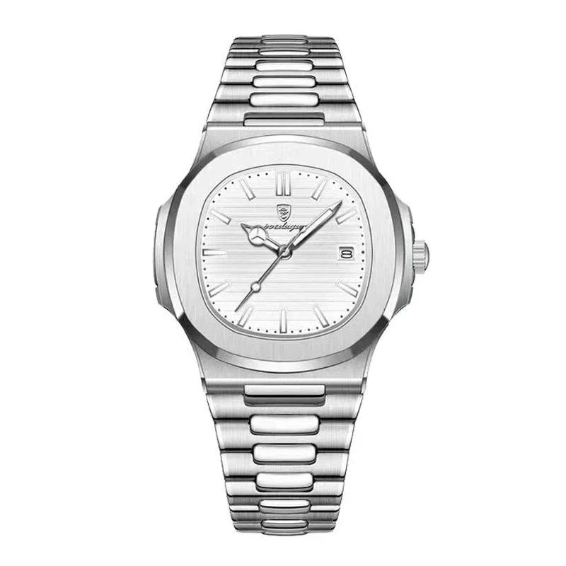 Refined Square Quartz Timepiece with stainless steel band, luminous hands, and water resistance up to 30 metres