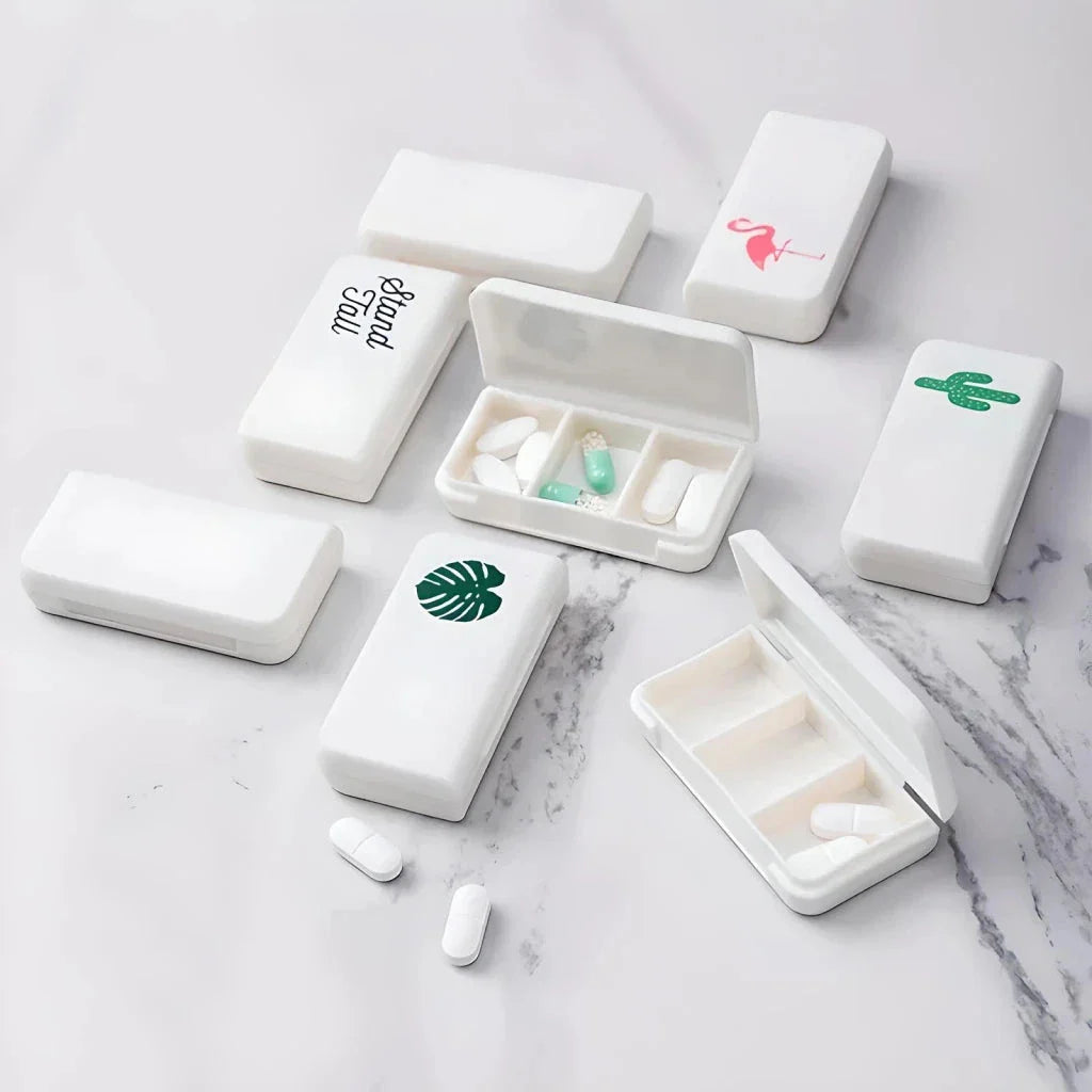 Compact and stylish 3-compartment pill organiser for travelling, made from durable, eco-friendly plastic