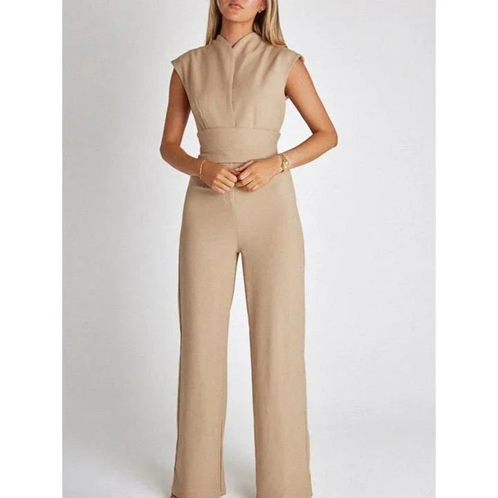 Elegant V-Neck Sleeveless Wide-Leg Jumpsuit in Khaki, a premium British fashion piece with a sophisticated design and versatile style.