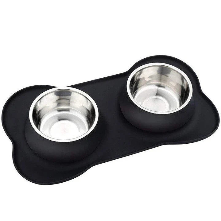 Stainless steel and silicone anti-slip double pet feeding bowl with elevated, slip-resistant design for dogs and cats
