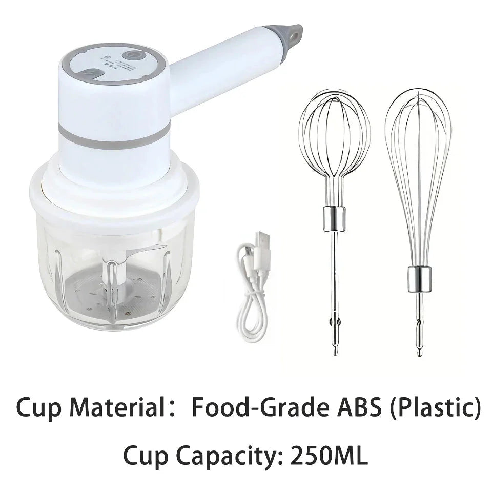 Versatile 3-in-1 Wireless Egg Beater and Garlic Chopper - Powerful 20W Motor, 3 Speed Settings, Rechargeable Design