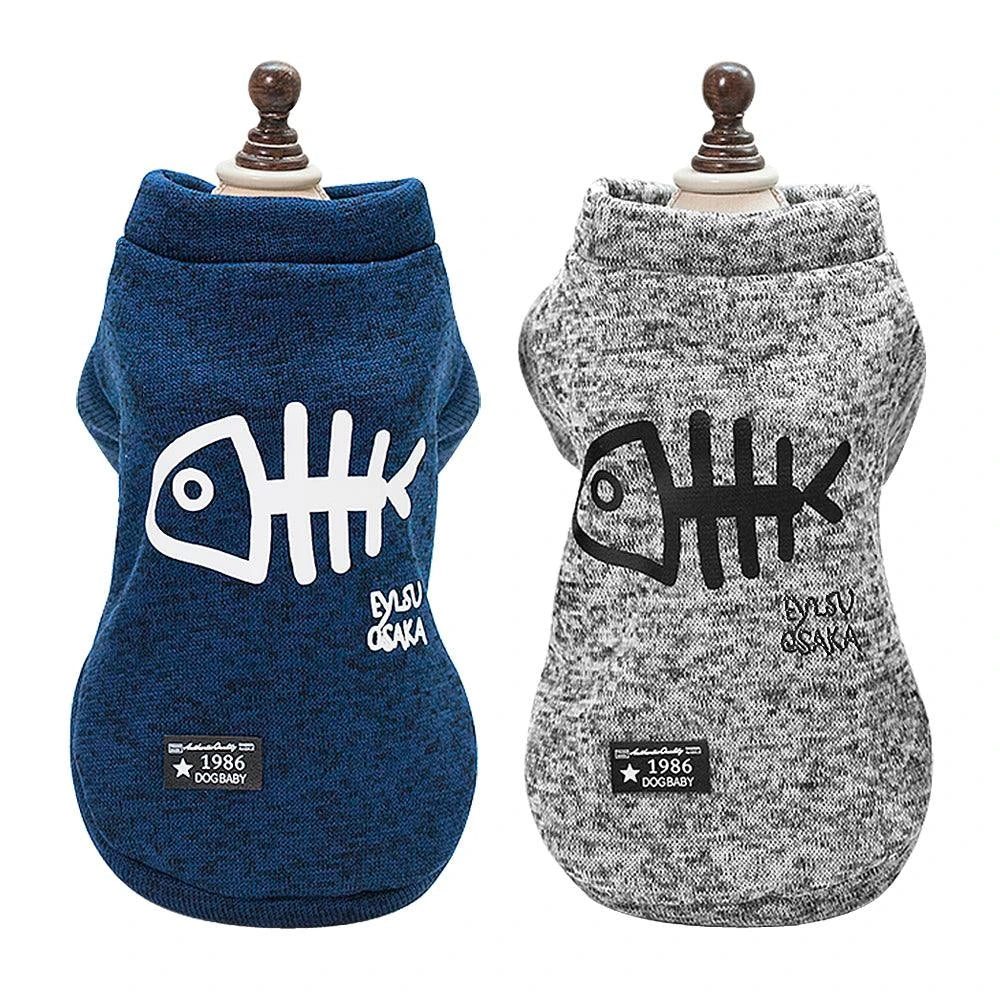 Stylish fish bone printed dog hoodie in gray and blue colours, perfect for keeping small pups warm and cosy in the UK
