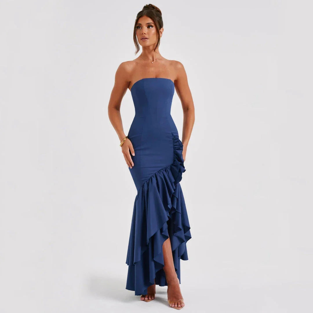 A stunning blue evening dress with an asymmetrical ruffled design, perfect for formal occasions and special events.