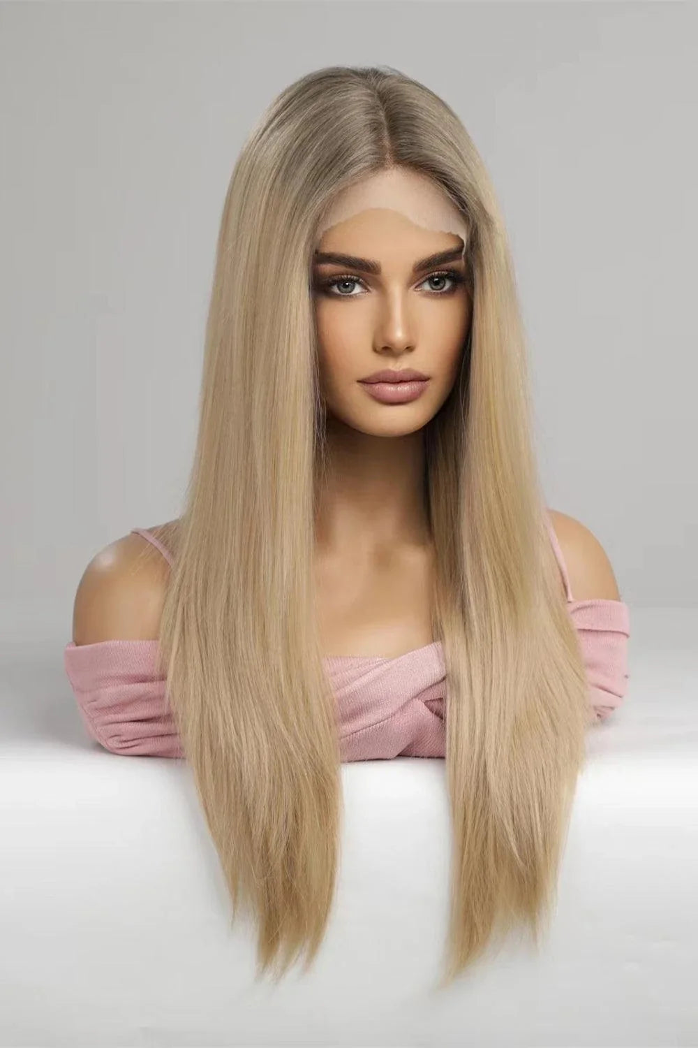 Stunning 24-inch synthetic lace front wig with 150% density, featuring a sleek straight hairstyle in a glamorous gold colour