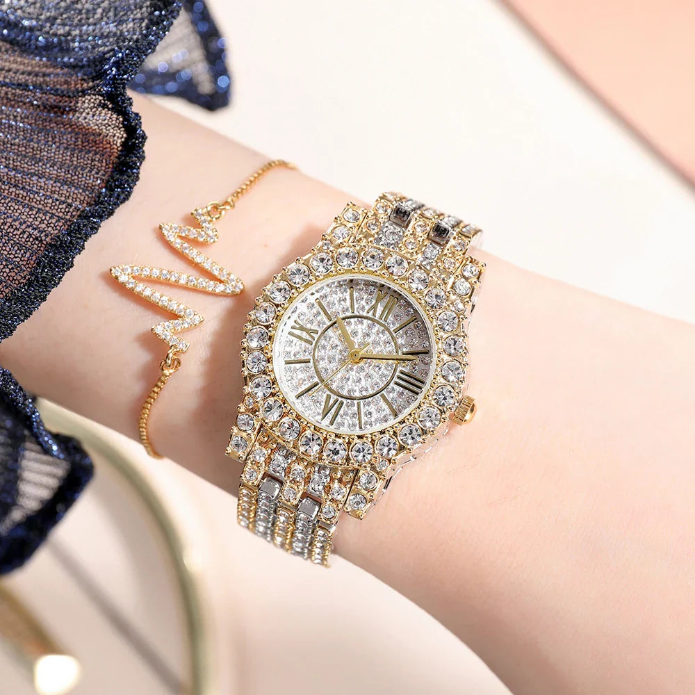 Elegant rhinestone-encrusted waterproof quartz watch with a sleek, round dial in gold, silver, or middle gold finishes