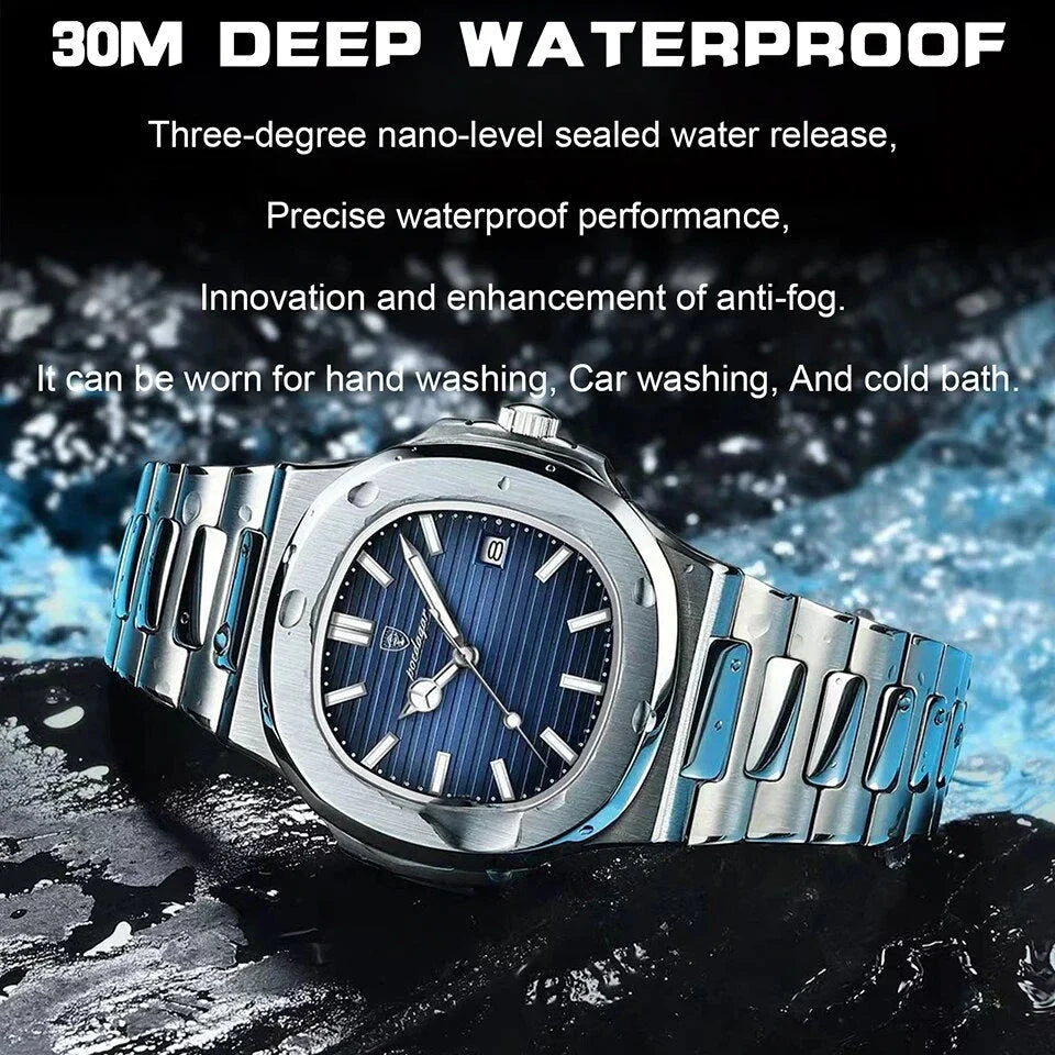 Refined Square Quartz Timepiece with stainless steel band, luminous hands, and water resistance up to 30 metres