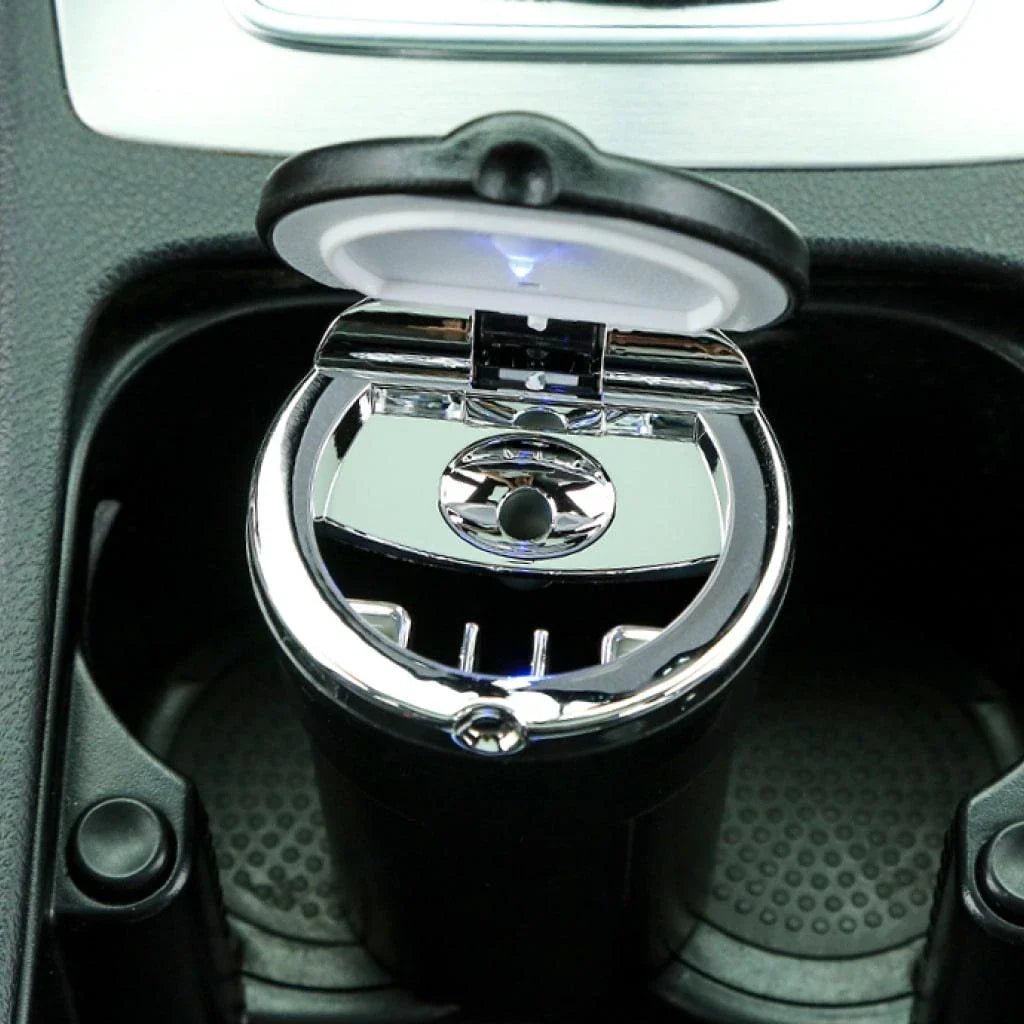 Portable car ashtray with LED light for responsible cigarette disposal while driving