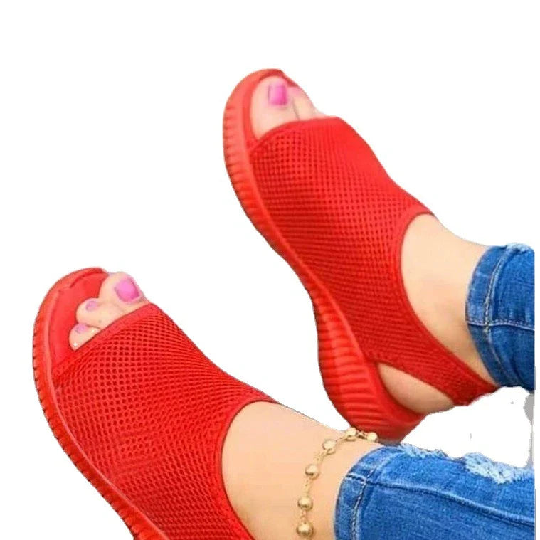 New Style Thick-Soled Breathable Mesh Sports Sandals in Red Colour with Elastic Band and Fish-Mouth Toe Design
