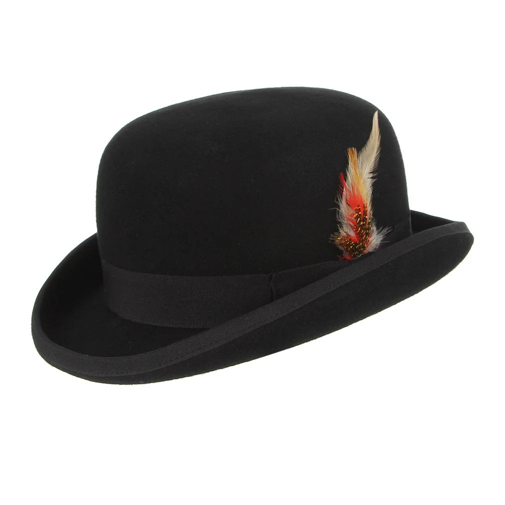 Timeless British Wool Bowler Hat with Delicate Feather Trim - Sophisticated and Elegant Headwear