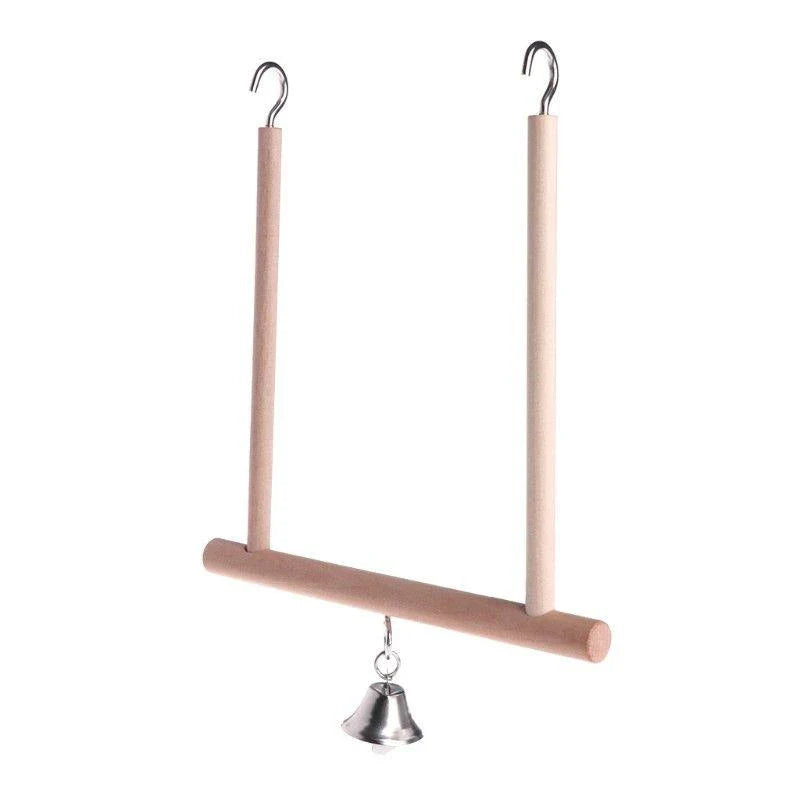A natural wooden swing with a bell, designed as a perch and toy for parrots to enjoy in their cage or aviary.