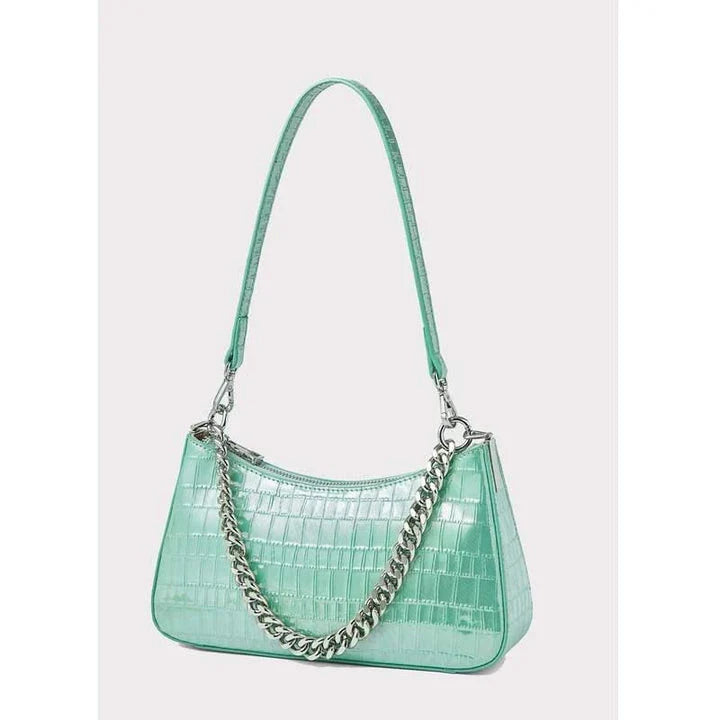 Luxurious alligator-embossed leather shoulder bag with chain accent and stylish lock embellishment