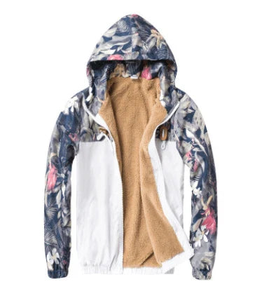 Men's slim-fit hooded jacket with camouflage print, zippered pocket, and premium chemical fibre blend fabric