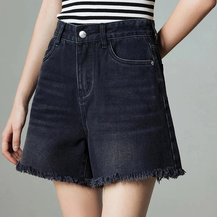 Vintage-inspired high-waisted denim shorts with tassel detailing for women