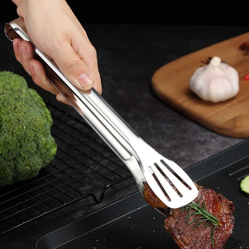 Premium 304 stainless steel BBQ tongs with ergonomic non-slip grip for durable and versatile grilling and cooking