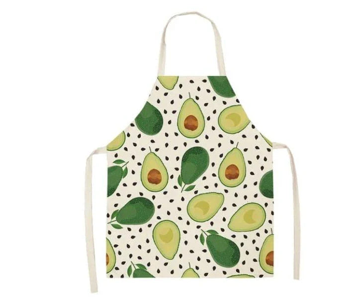 Stylish avocado-printed apron for British home cooks and bakers to protect their clothes while adding a touch of personality to the kitchen