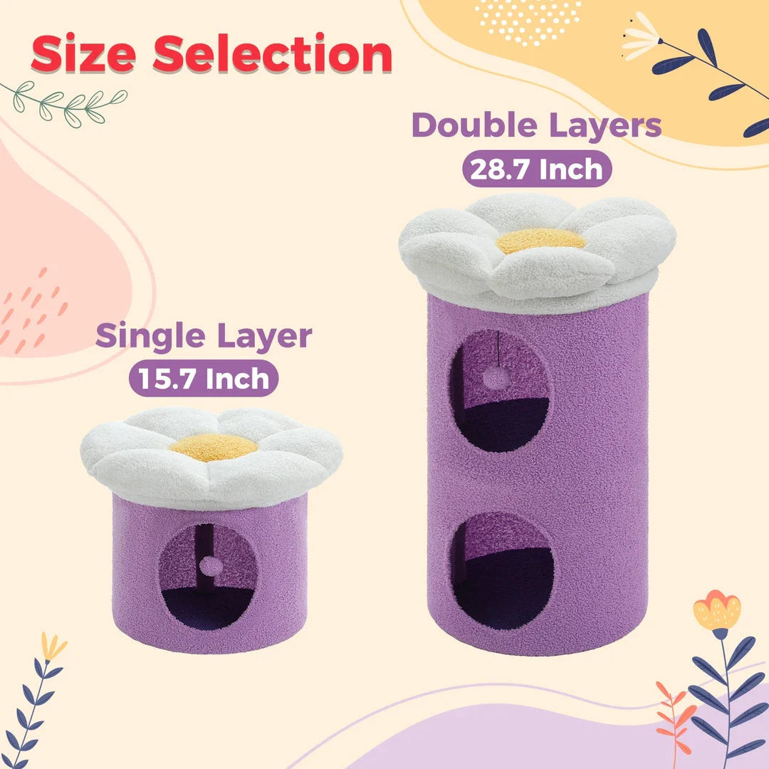 Luxurious double-decker cat bed with charming flower-shaped perch and interactive toy, made with soft corduroy fabric for maximum comfort.