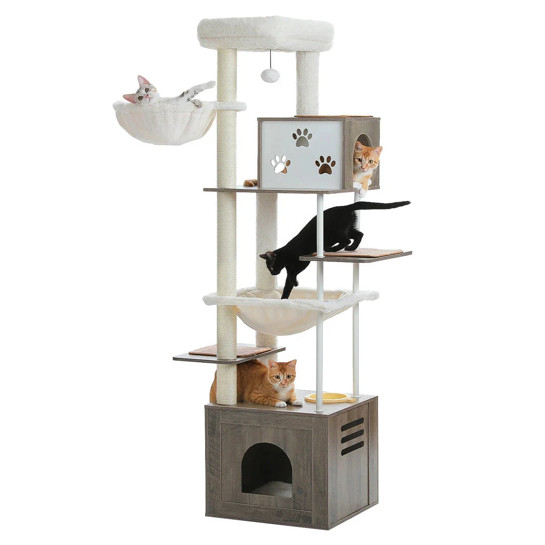 Large multi-level cat tree with spacious condos, hammocks, and sisal scratching posts for cats