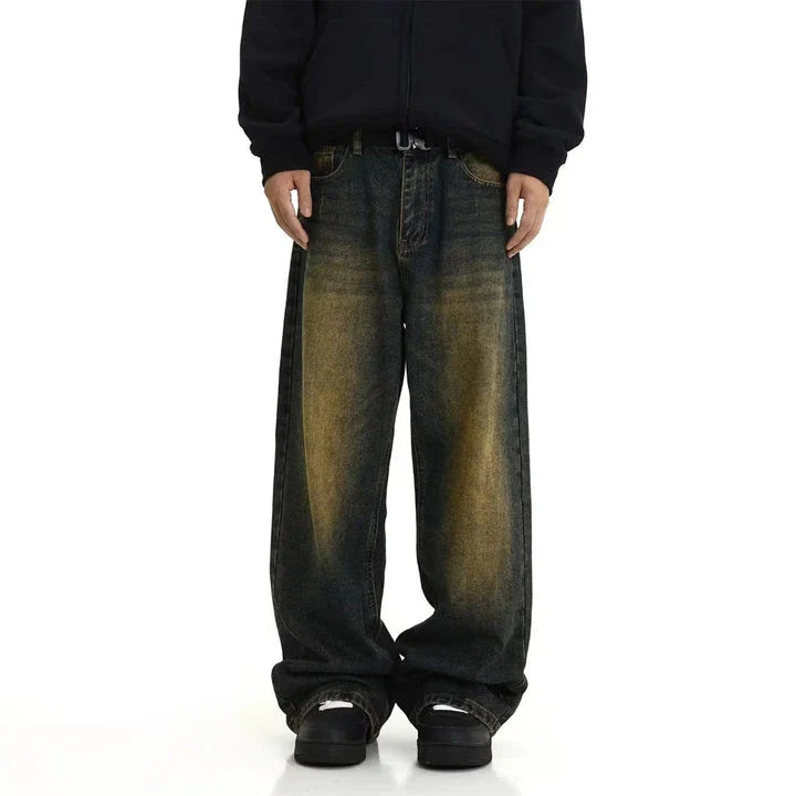 Premium retro blue vintage-inspired men's jeans with relaxed fit and sustainable cotton construction