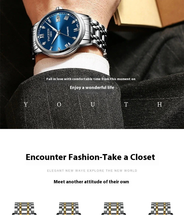 Premium automatic mechanical watch with leather strap, featuring a stainless steel case, luminous hands and markers, and a stylish British-inspired design