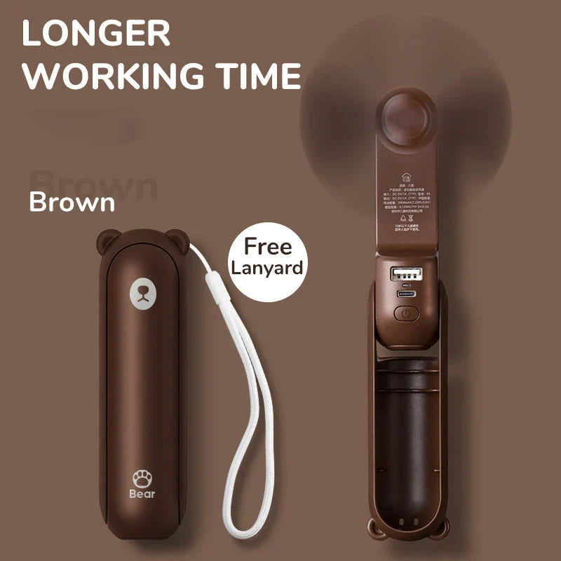 Portable Mini Handheld Fan with 4500mAh battery, 3 speed settings, power bank, and flashlight