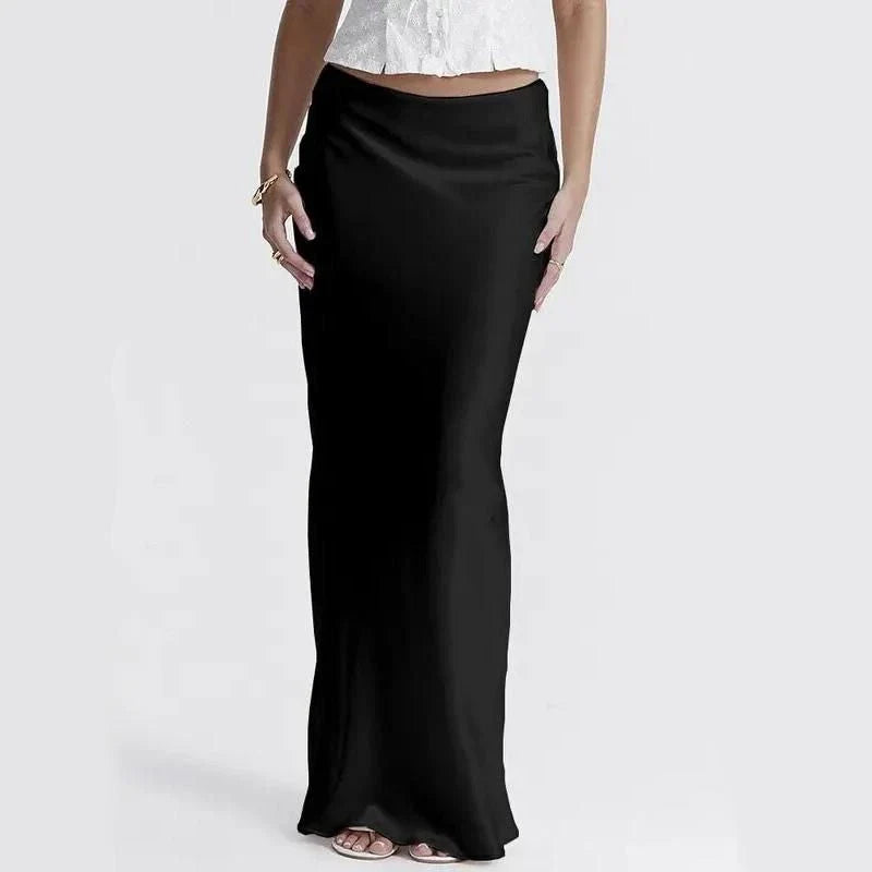 Sophisticated satin maxi skirt with adjustable waist, available in black colour and XS-L sizes