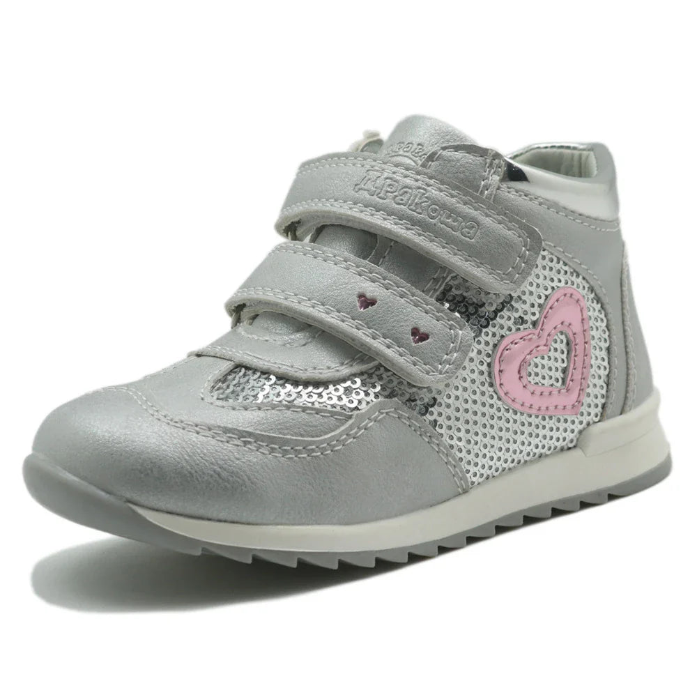 Charming dinosaur-themed girls' shoes in pink, peach, and grey colours with a comfortable and supportive design