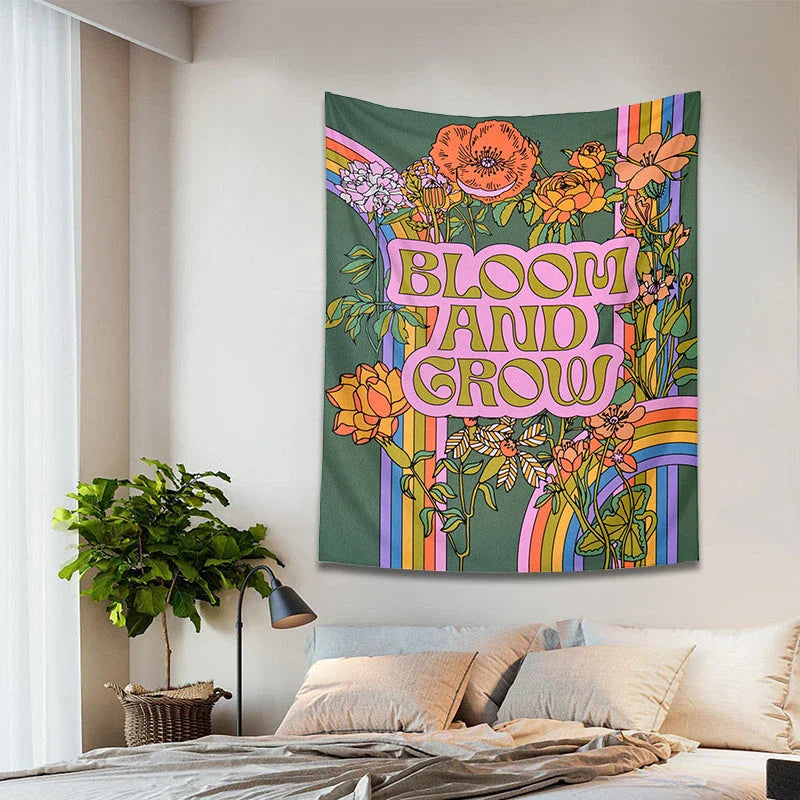 Vibrant 70s retro flower tapestry wall hanging with captivating floral design and rich, colourful pattern