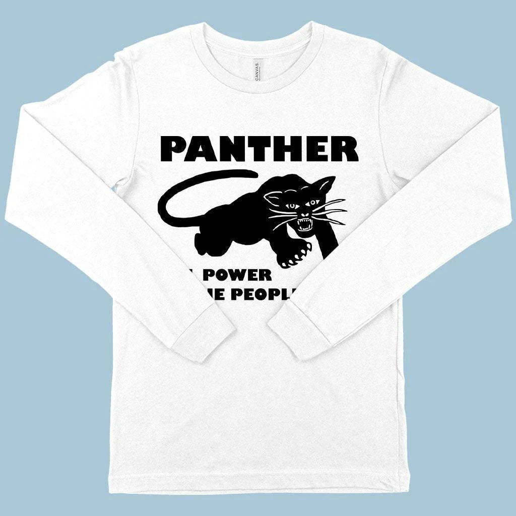 Iconic Black Panther long sleeve t-shirt in white, featuring a bold graphic design and premium, ethically-sourced cotton construction.