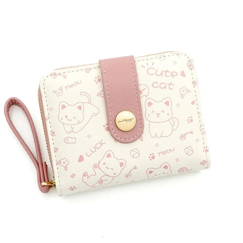 Stylish cat-themed compact wallet with zippered coin pocket, card slots, and key storage