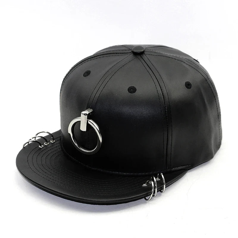 A stylish black flat-brimmed cap with a Korean-inspired design, featuring an adjustable elastic band for a comfortable fit.