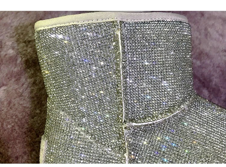 Premium rhinestone-embellished ankle boots for women, featuring a shimmering upper and durable rubber sole for winter wear