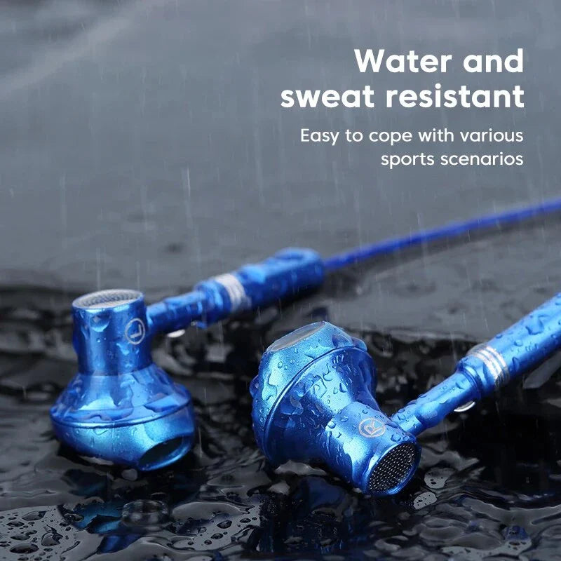 Premium 3.5mm wired sports earphones with microphone, featuring high-resolution sound, waterproof design, and convenient controls for active lifestyles.