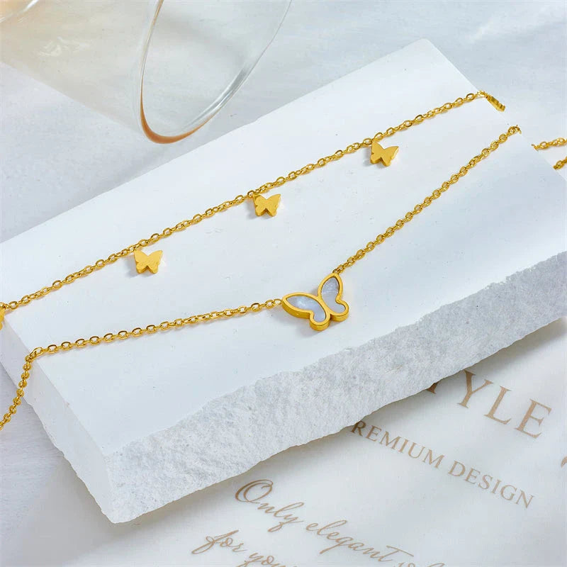 Stainless Steel Butterfly Anklet with Adjustable Chain and Two-Tier Design