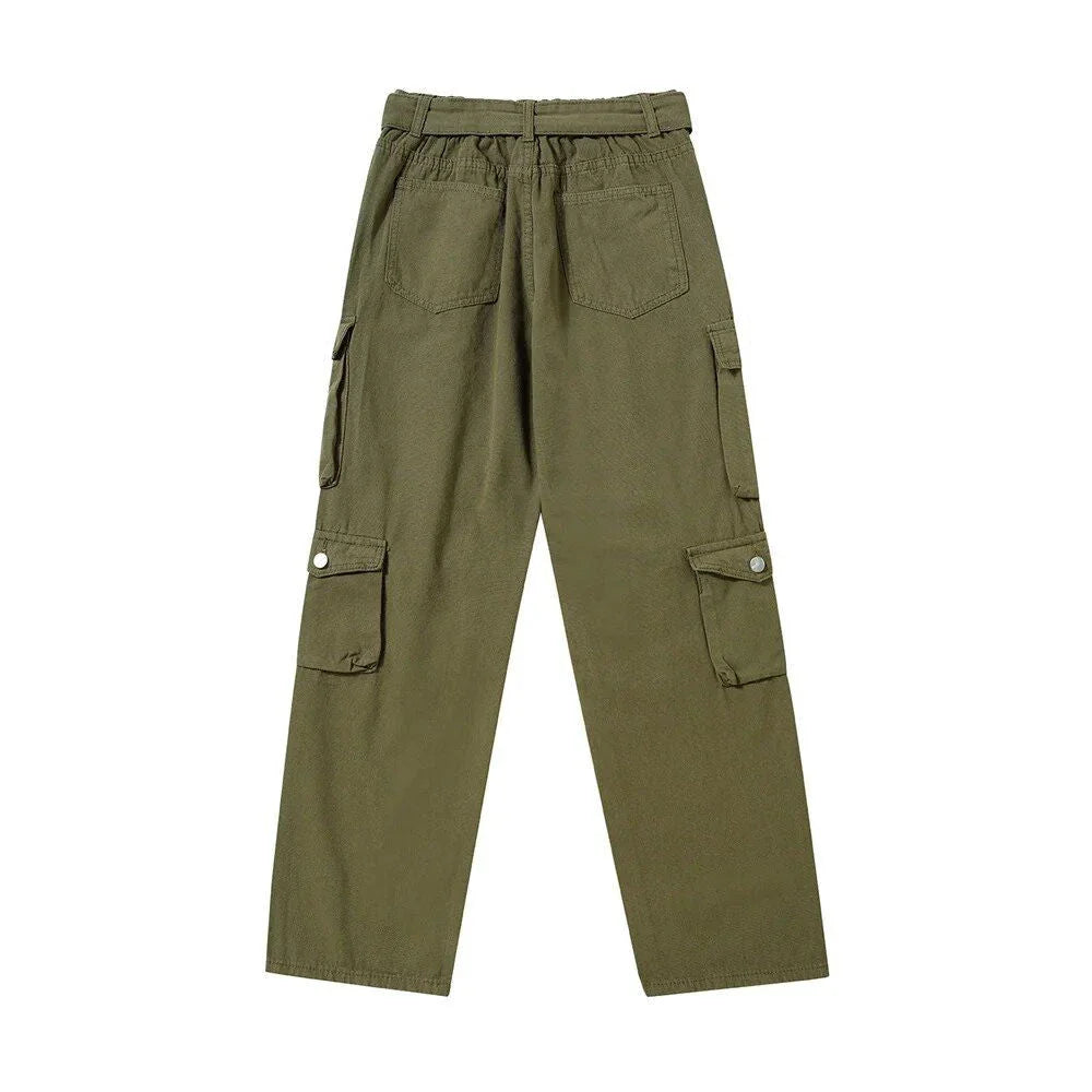 Army green cargo trousers with multiple pockets and a straight fit for a classic, versatile look