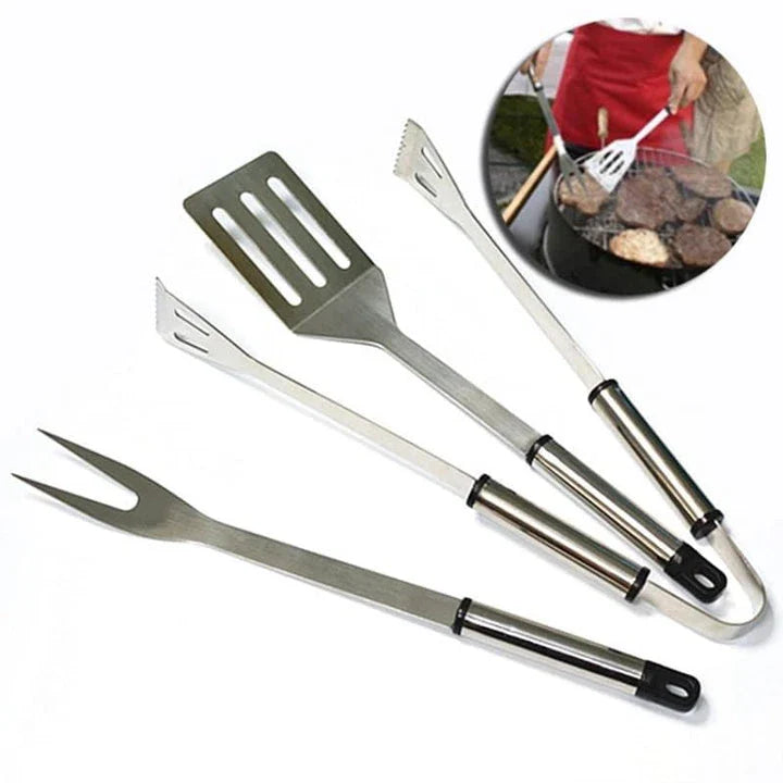 Premium Stainless Steel BBQ Tool Set with Fork, Tongs, and Shovel - Durable, Heat Resistant, and Easy to Clean