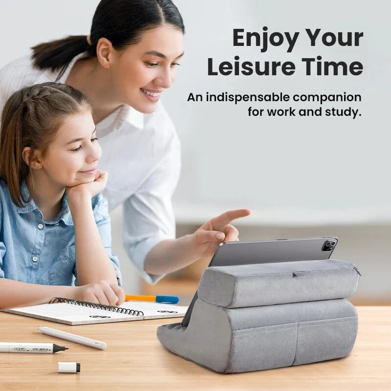 Adjustable tablet and phone stand with foldable, portable design for hands-free viewing on any surface