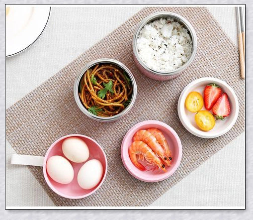 Insulated Hot Food Thermos Lunchbox Tower with multi-layer design and choice of green, pink, blue, or gray colour