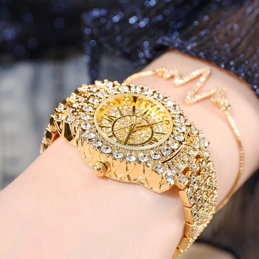 Elegant rhinestone-encrusted waterproof quartz watch with a sleek, round dial in gold, silver, or middle gold finishes