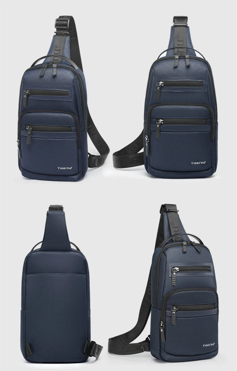 Premium waterproof men's chest bag in dark blue colour, featuring a sleek and sophisticated design with a spacious main compartment and secure zipper closure.